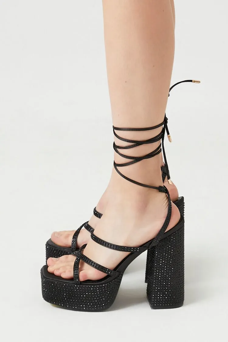 Rhinestone Lace-Up Platform Heels