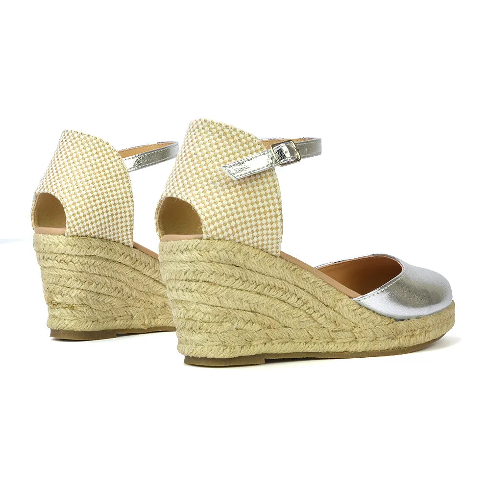 Rocky Closed Toe Strappy Espadrille Sandal Wedge Mid Heels in Black