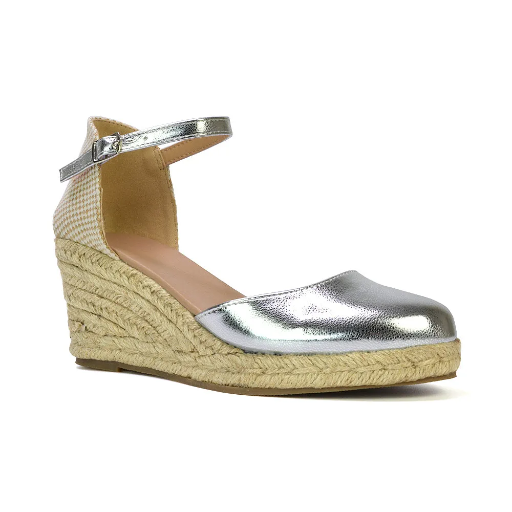 Rocky Closed Toe Strappy Espadrille Sandal Wedge Mid Heels in Black