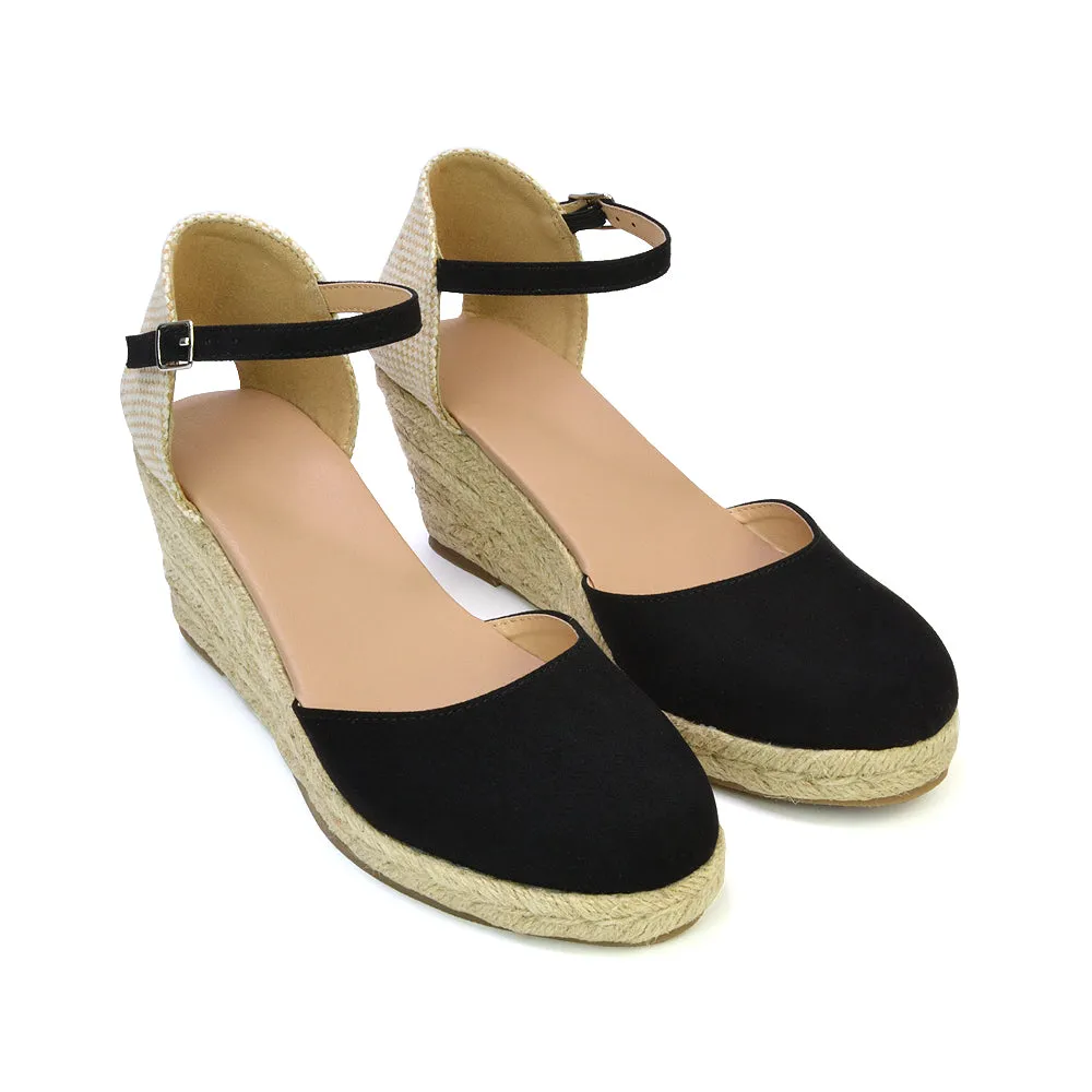 Rocky Closed Toe Strappy Espadrille Sandal Wedge Mid Heels in Black