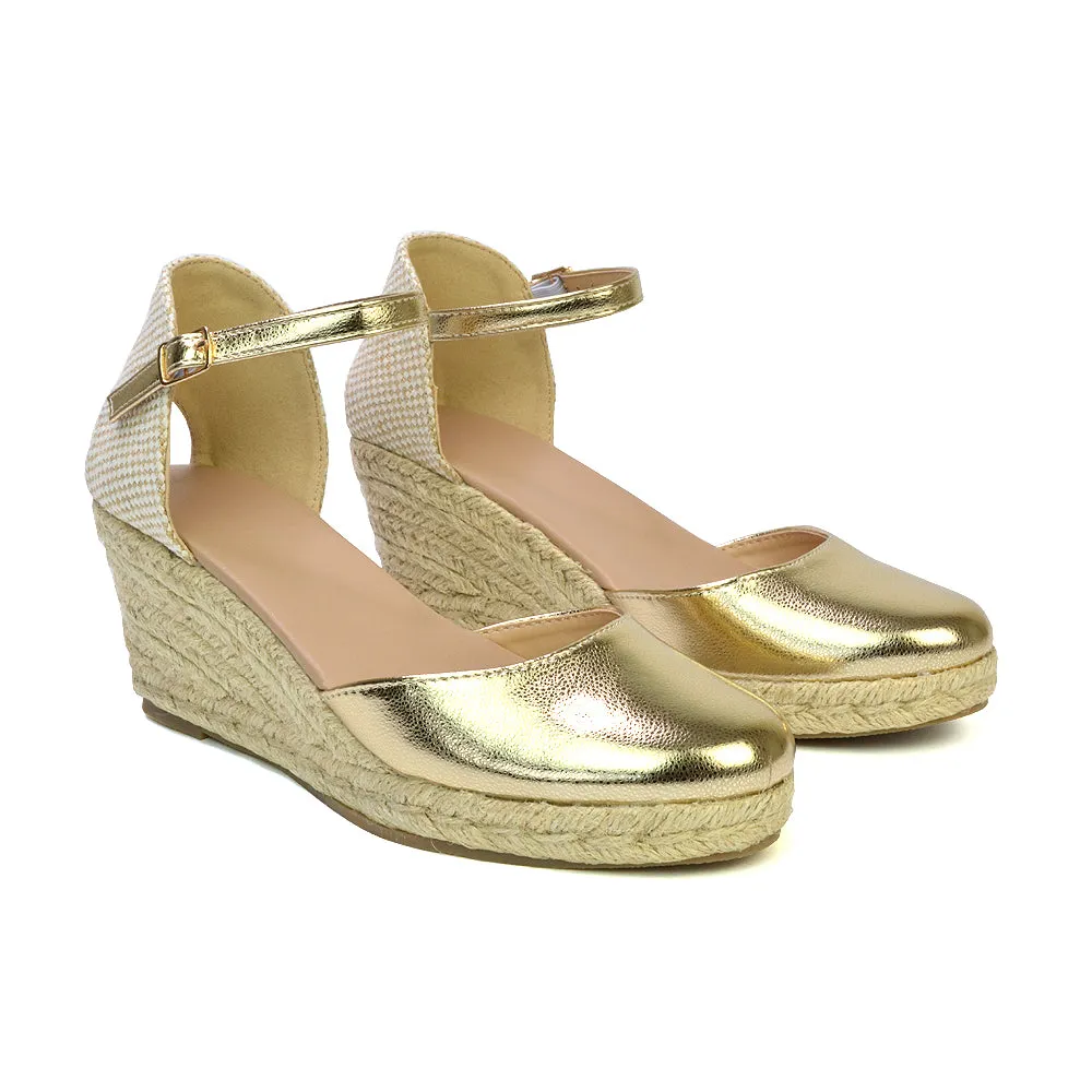 Rocky Closed Toe Strappy Espadrille Sandal Wedge Mid Heels in Black