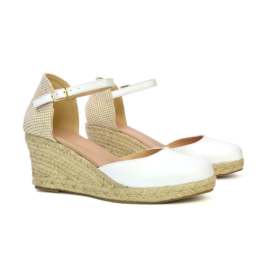 Rocky Closed Toe Strappy Espadrille Sandal Wedge Mid Heels in Black
