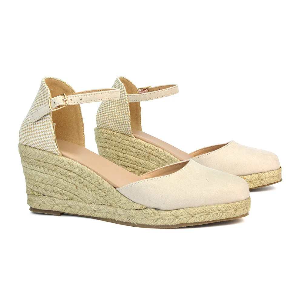 Rocky Closed Toe Strappy Espadrille Sandal Wedge Mid Heels in Black