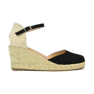 Rocky Closed Toe Strappy Espadrille Sandal Wedge Mid Heels in Black
