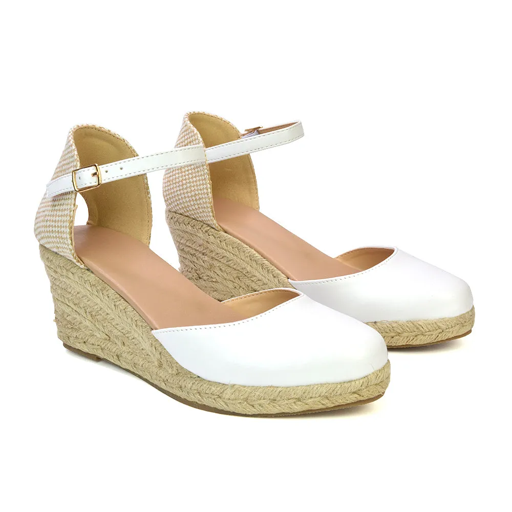 Rocky Closed Toe Strappy Espadrille Sandal Wedge Mid Heels in Black