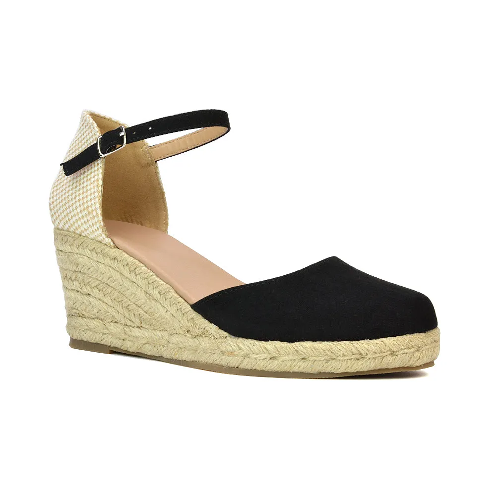 Rocky Closed Toe Strappy Espadrille Sandal Wedge Mid Heels in Black