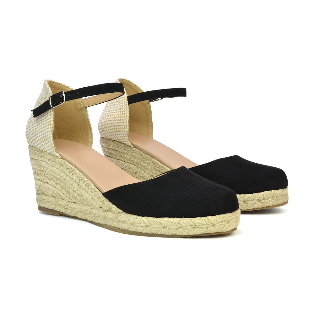 Rocky Closed Toe Strappy Espadrille Sandal Wedge Mid Heels in Black
