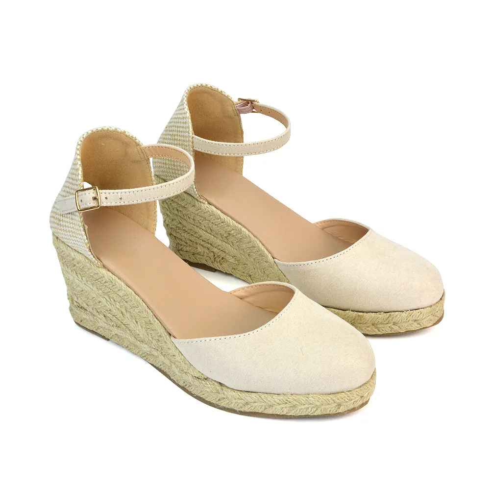 Rocky Closed Toe Strappy Espadrille Sandal Wedge Mid Heels in Black