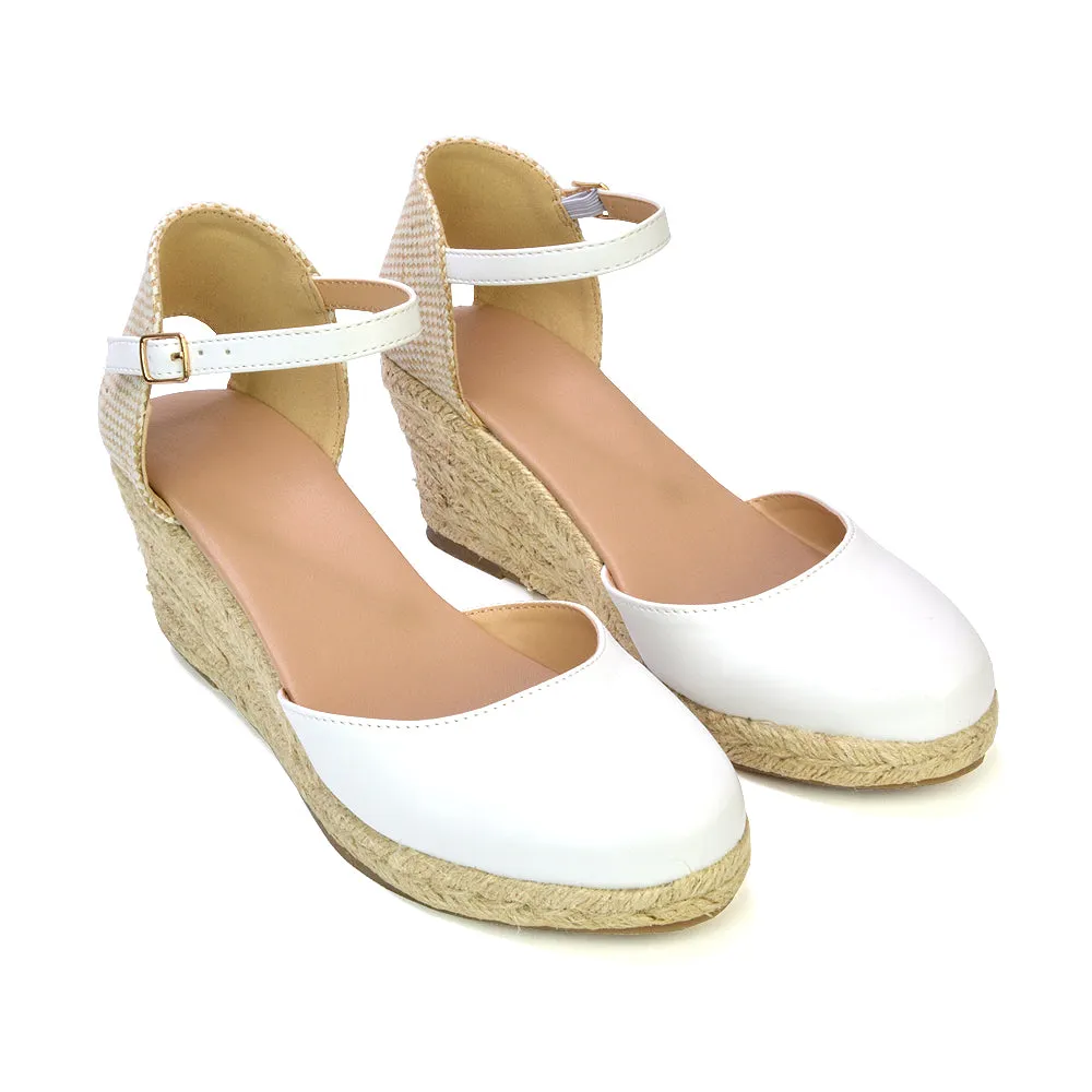 Rocky Closed Toe Strappy Espadrille Sandal Wedge Mid Heels in Black