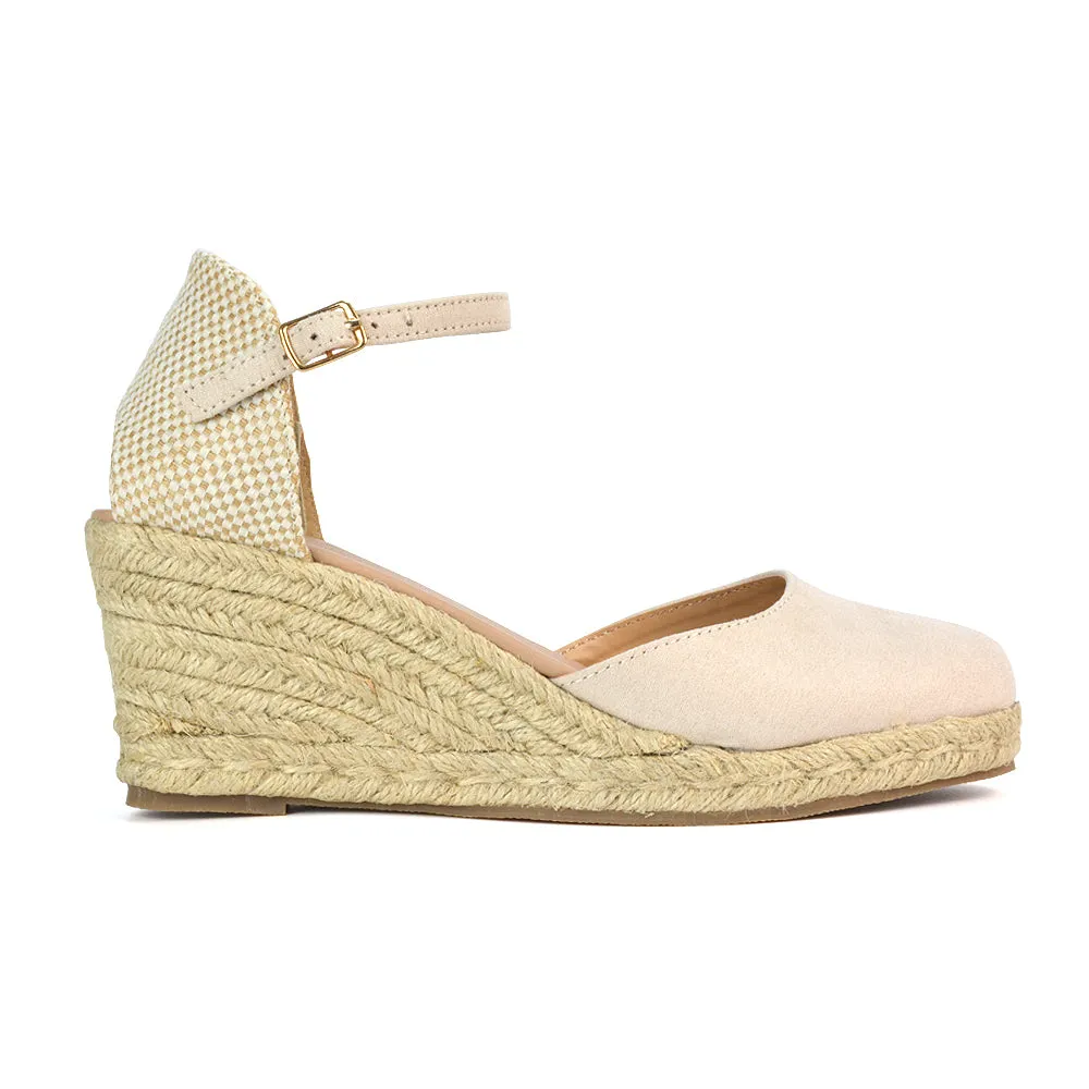 Rocky Closed Toe Strappy Espadrille Sandal Wedge Mid Heels in Black