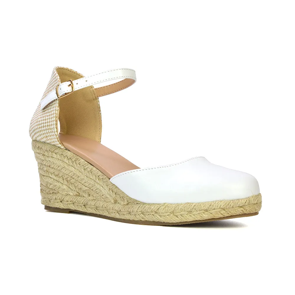 Rocky Closed Toe Strappy Espadrille Sandal Wedge Mid Heels in Black