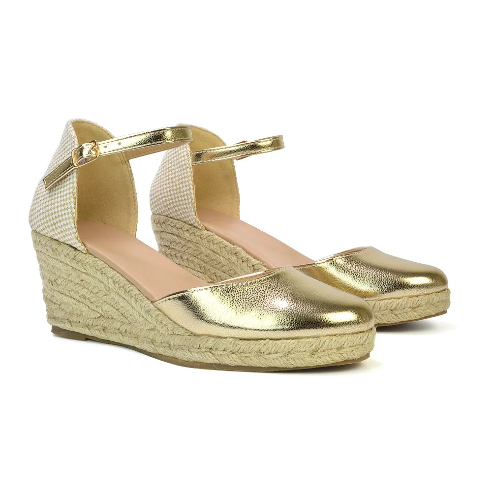 Rocky Closed Toe Strappy Espadrille Sandal Wedge Mid Heels in Black