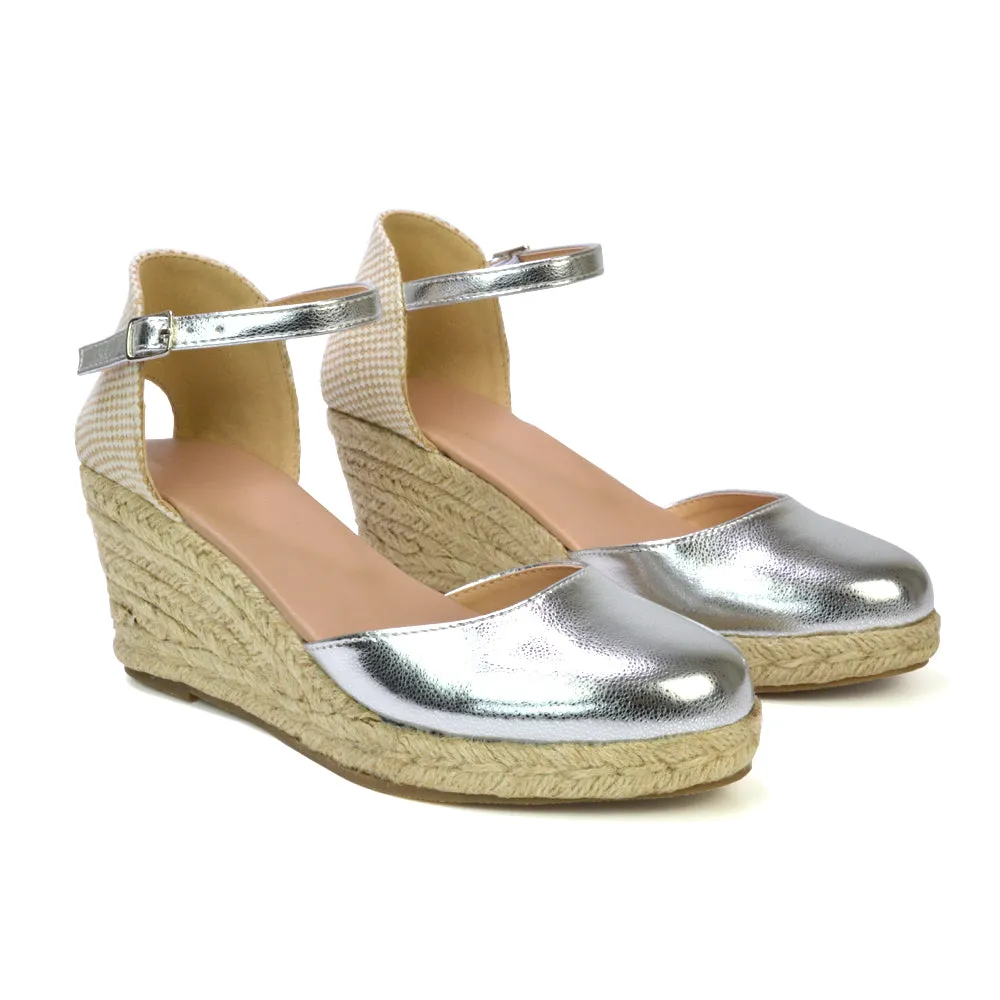 Rocky Closed Toe Strappy Espadrille Sandal Wedge Mid Heels in Black