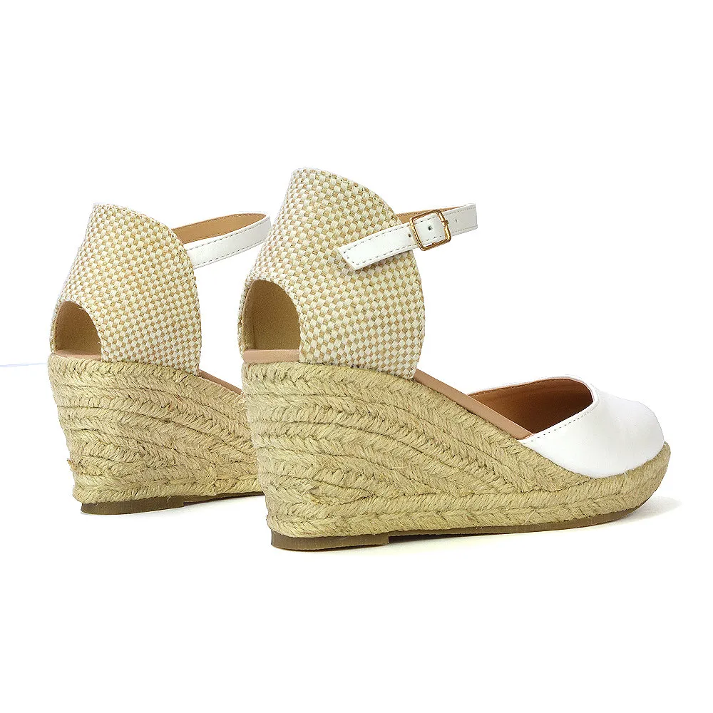 Rocky Closed Toe Strappy Espadrille Sandal Wedge Mid Heels in Black