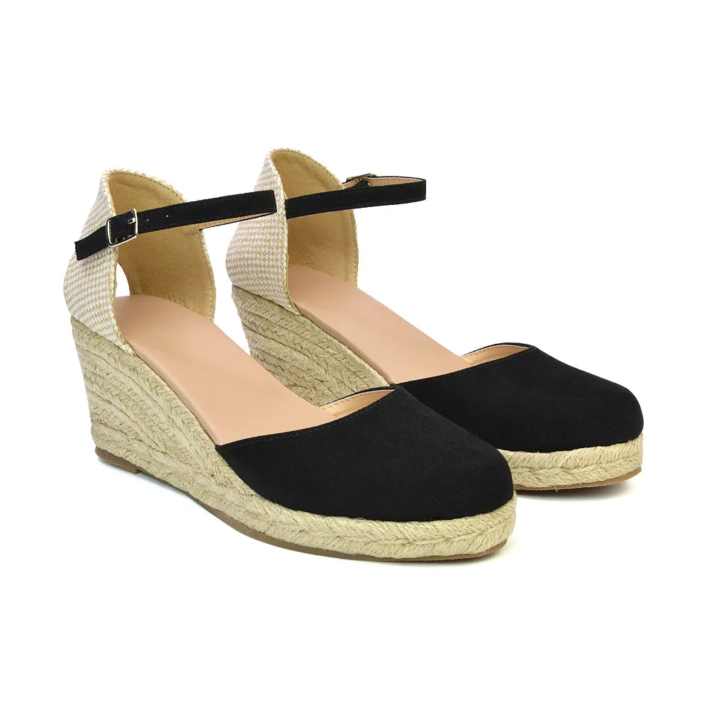Rocky Closed Toe Strappy Espadrille Sandal Wedge Mid Heels in Black