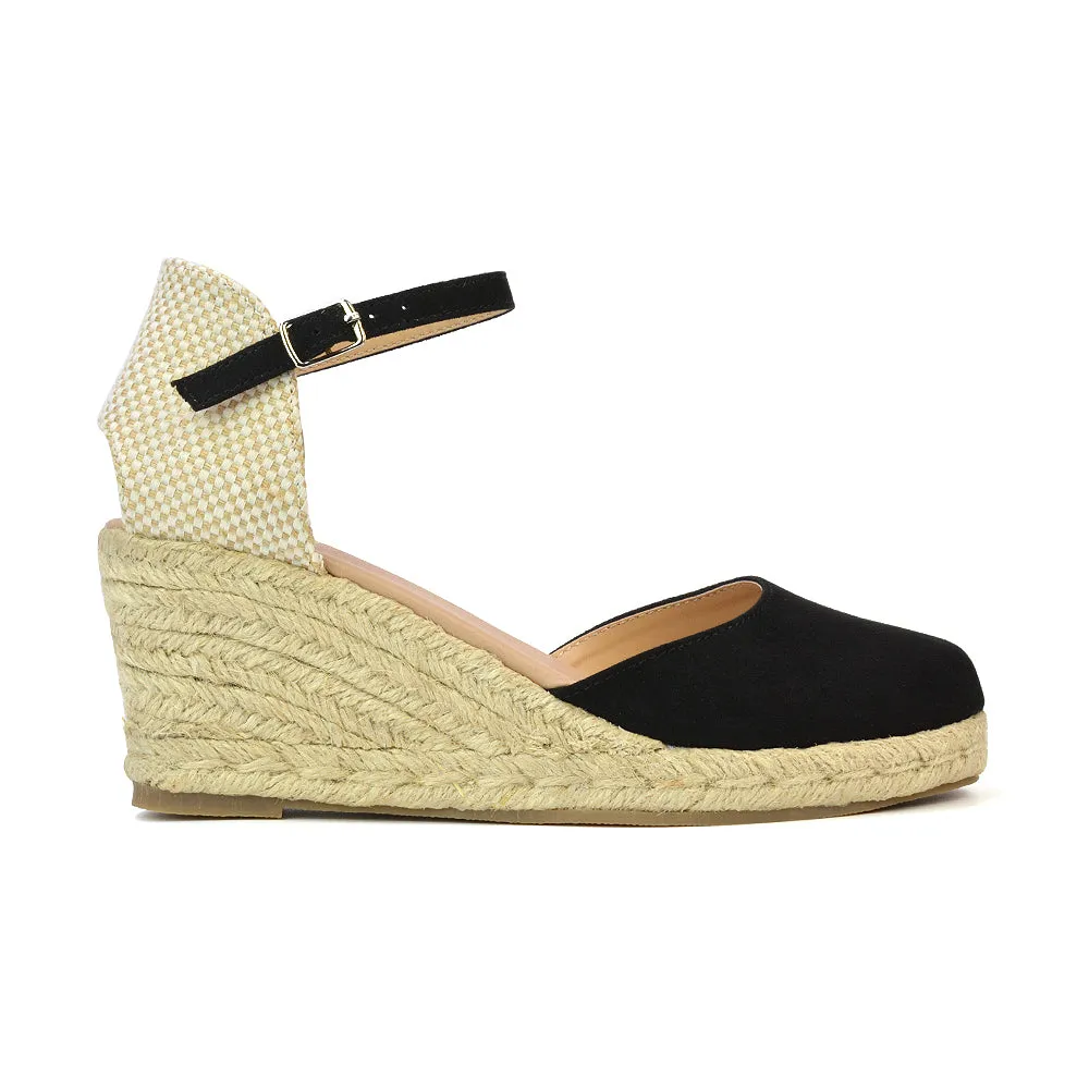 Rocky Closed Toe Strappy Espadrille Sandal Wedge Mid Heels in Black