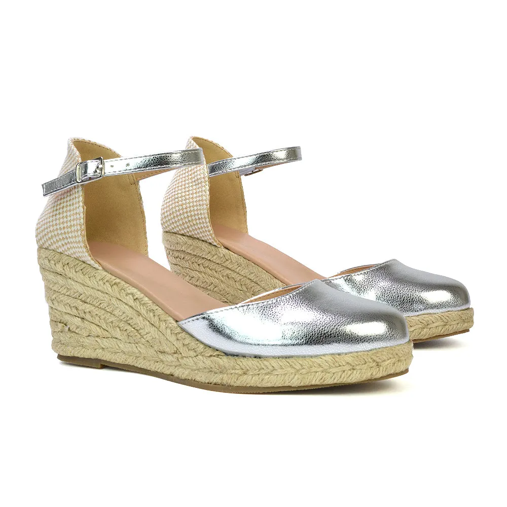 Rocky Closed Toe Strappy Espadrille Sandal Wedge Mid Heels in Black