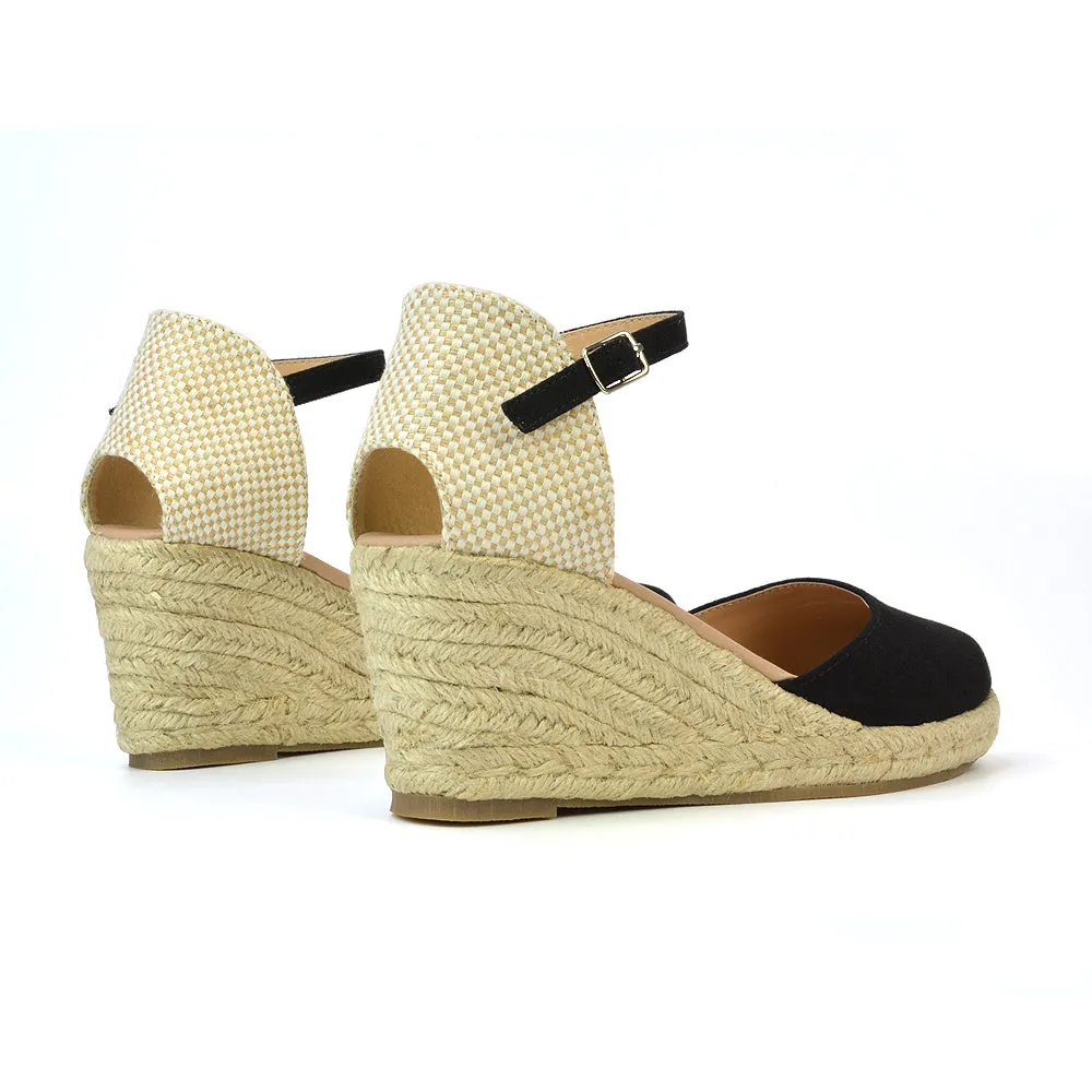 Rocky Closed Toe Strappy Espadrille Sandal Wedge Mid Heels in Black