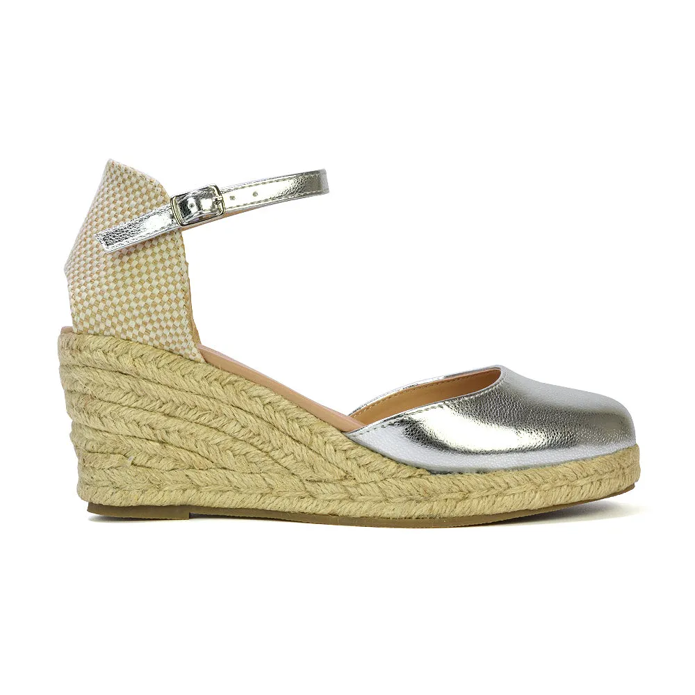 Rocky Closed Toe Strappy Espadrille Sandal Wedge Mid Heels in Black