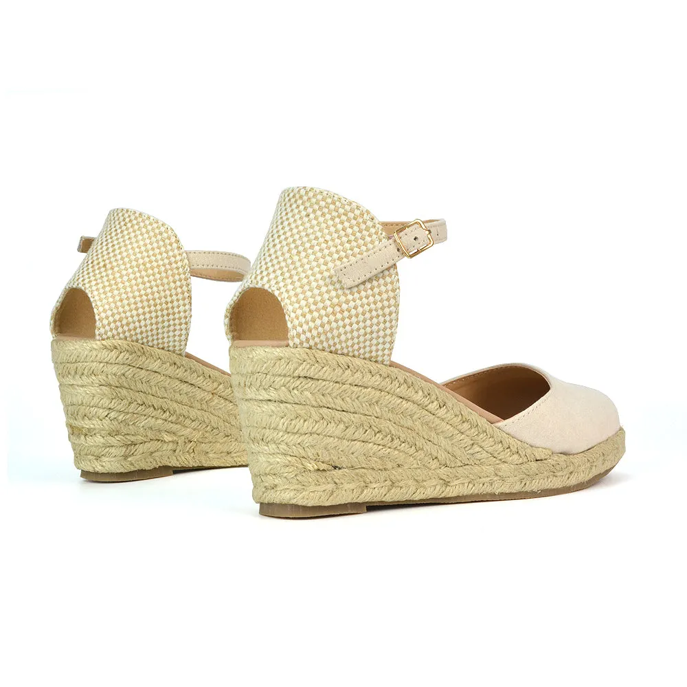 Rocky Closed Toe Strappy Espadrille Sandal Wedge Mid Heels in Black