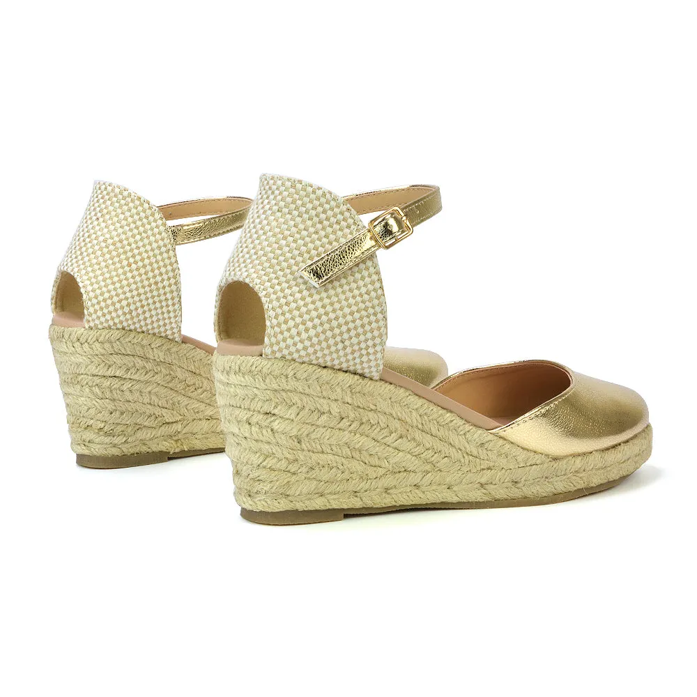 Rocky Closed Toe Strappy Espadrille Sandal Wedge Mid Heels in Black