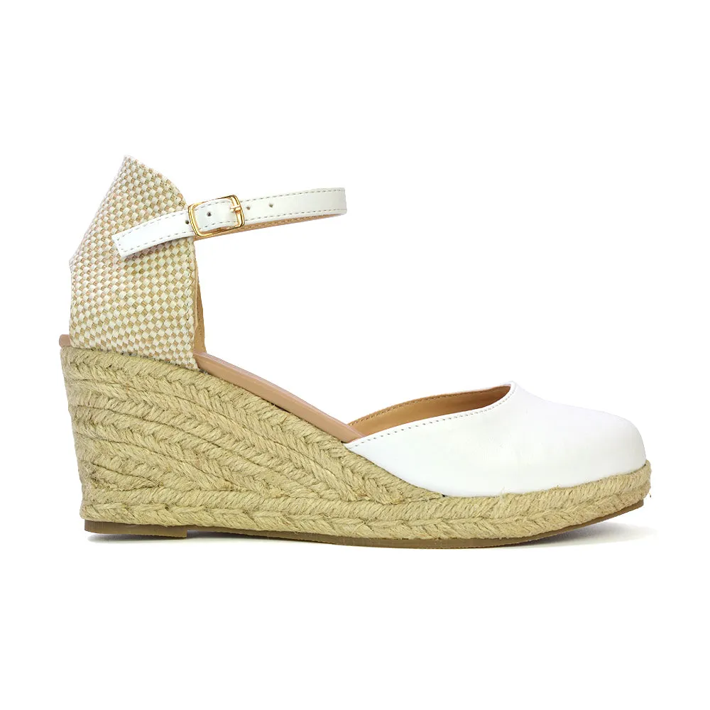 Rocky Closed Toe Strappy Espadrille Sandal Wedge Mid Heels in Black