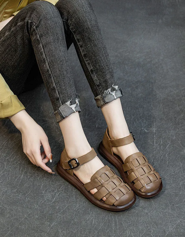 Round Toe Soft Leather Woven Flat Sandals