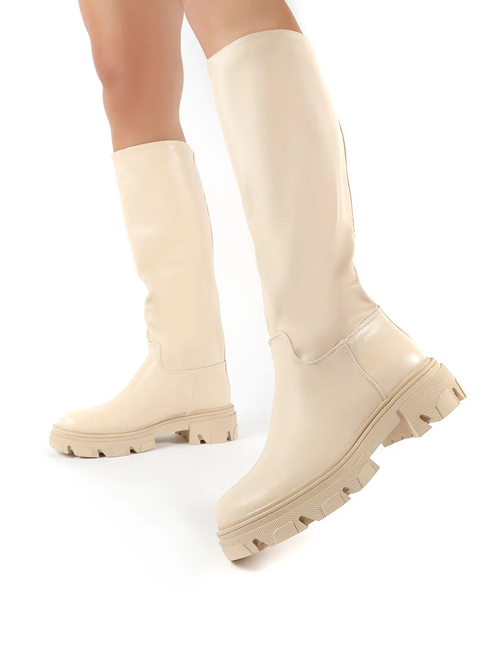 Sabrina Beige Knee High Chunky Sole Boots