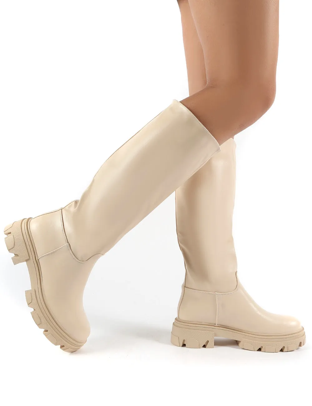 Sabrina Beige Knee High Chunky Sole Boots