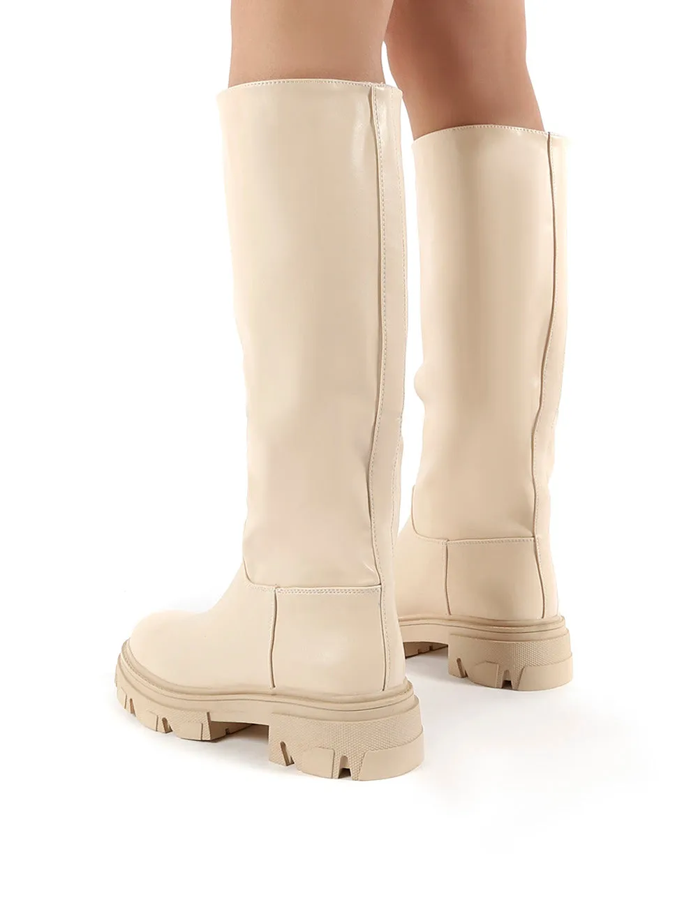 Sabrina Beige Knee High Chunky Sole Boots