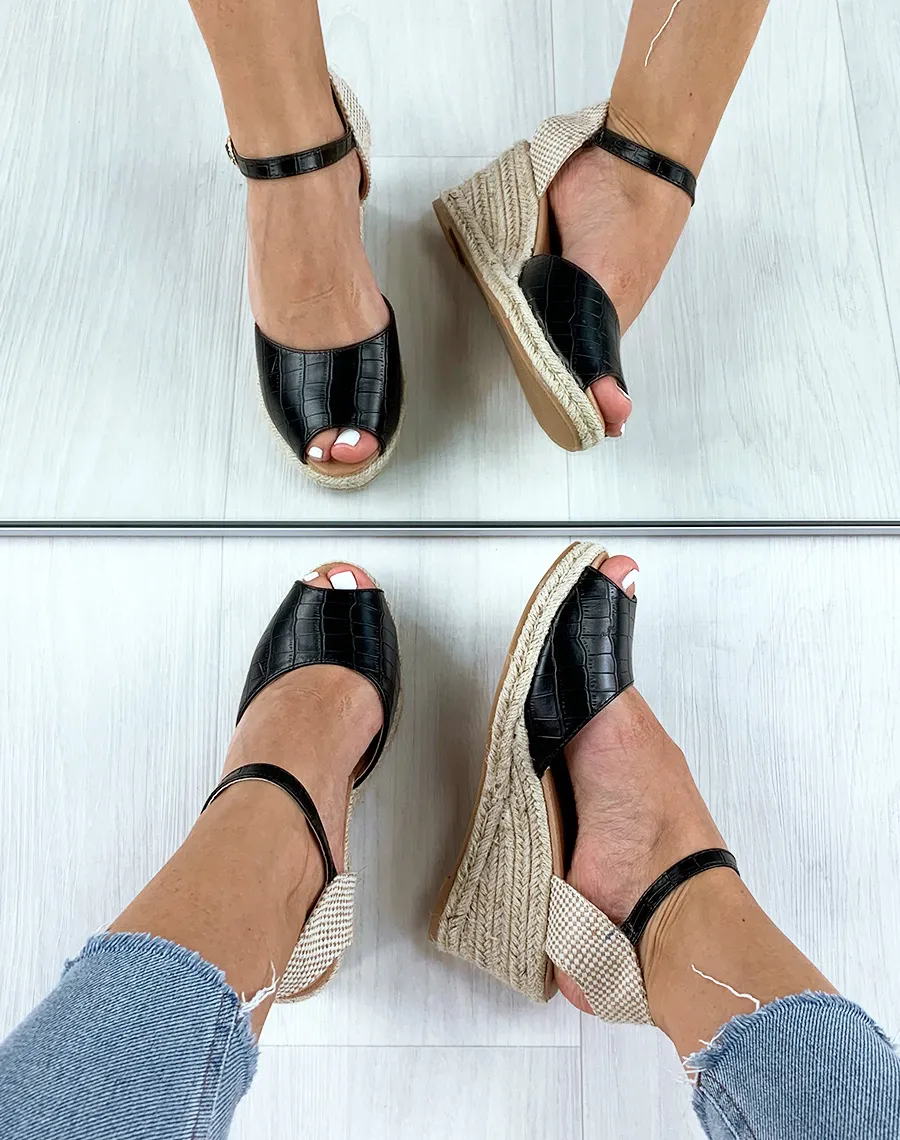 Sandales espadrilles compensées noires effet croco et corde
