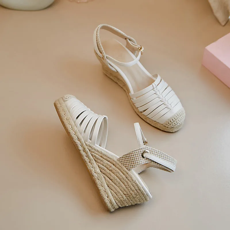 Sandals Flat High Heels Platform Straw Woven Wedge