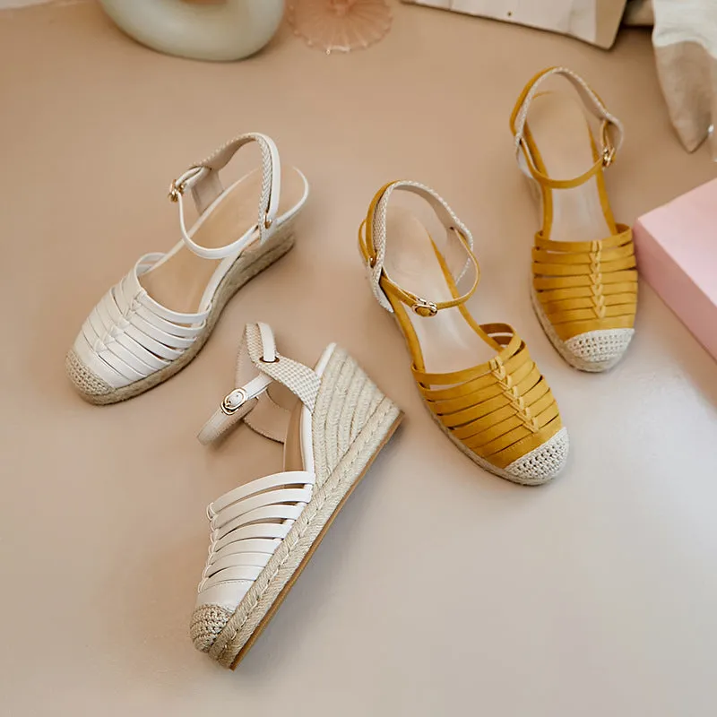 Sandals Flat High Heels Platform Straw Woven Wedge