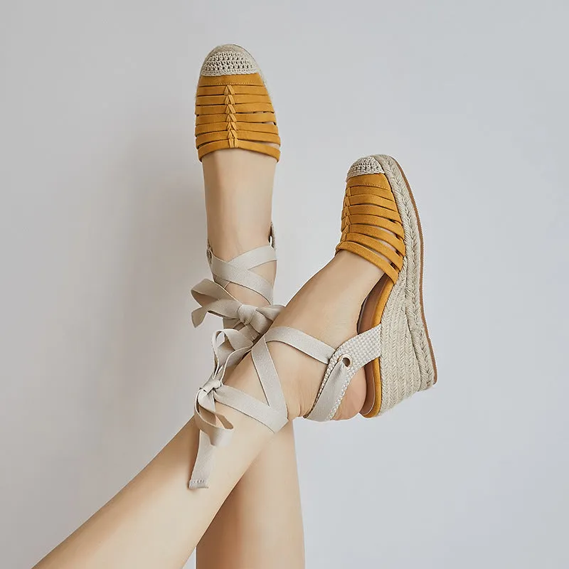 Sandals Flat High Heels Platform Straw Woven Wedge