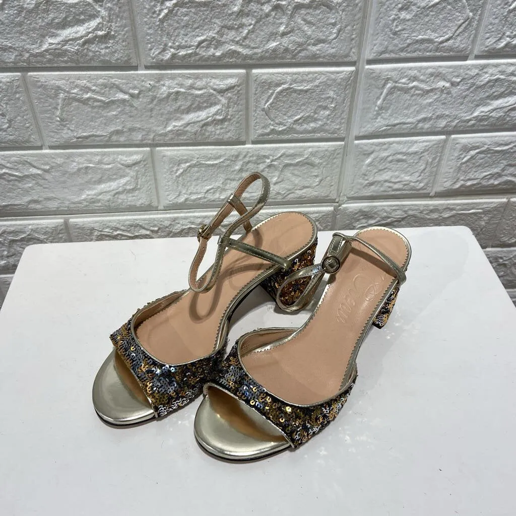 Sequin Lucie Ankle Strap Peep Toe Heels