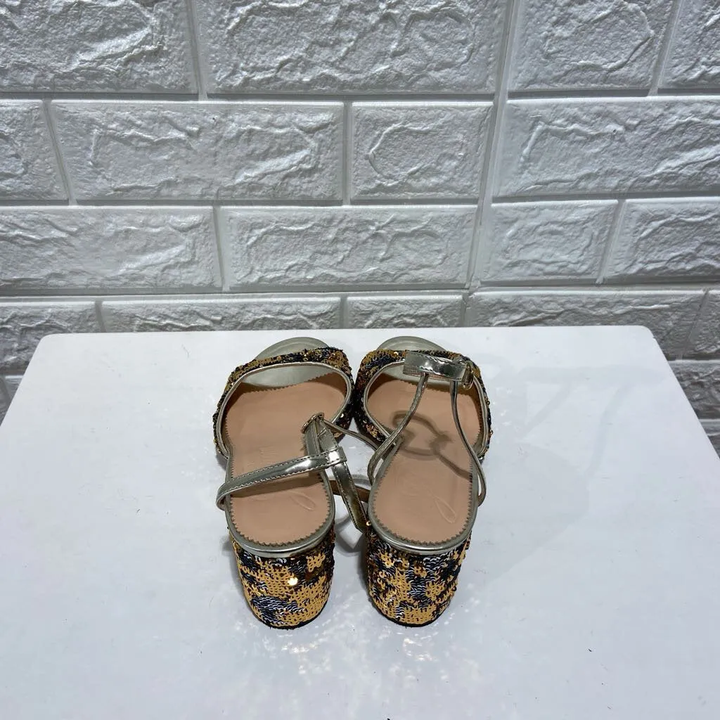 Sequin Lucie Ankle Strap Peep Toe Heels