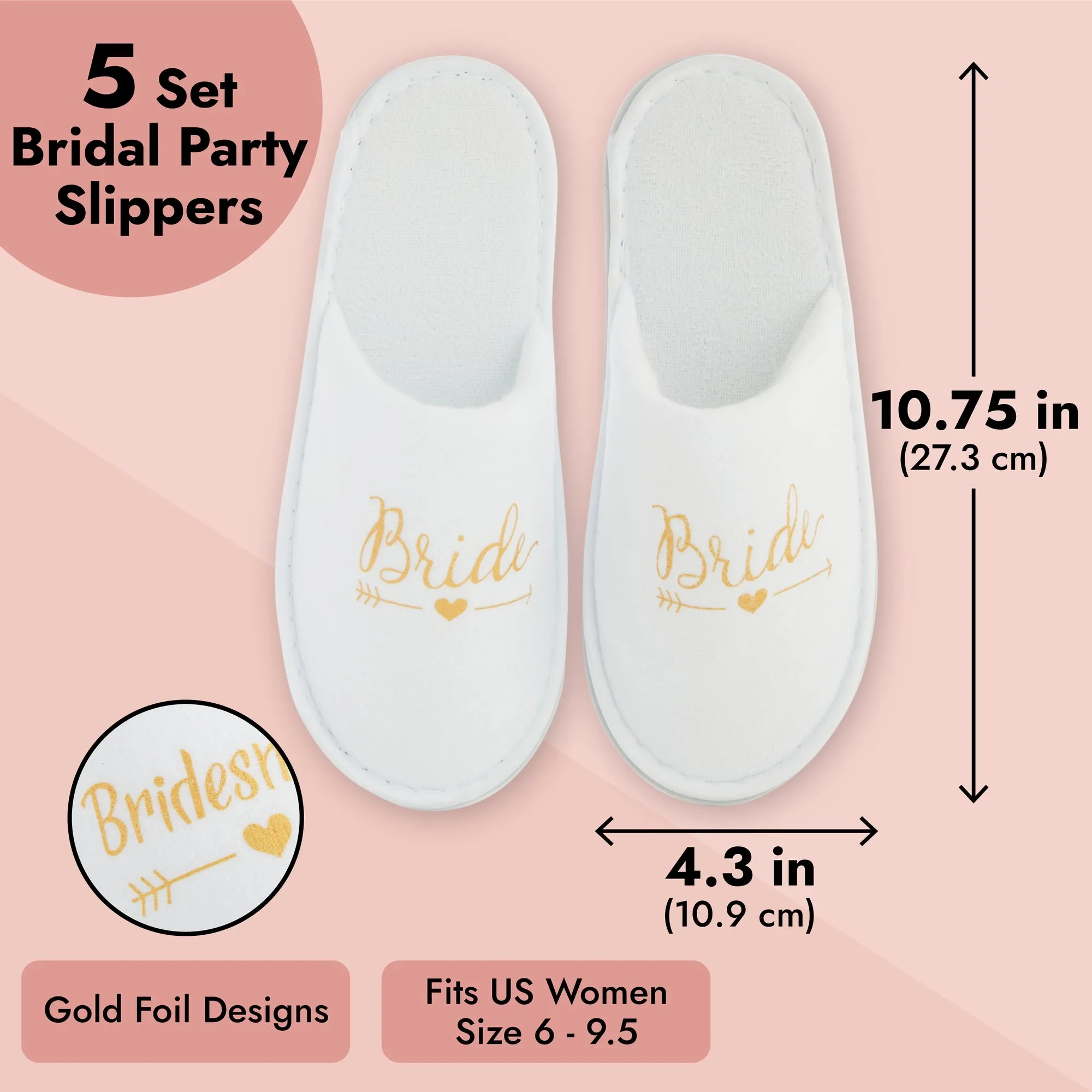 Set of 5 Bridesmaids Slippers for Bride, Bridesmaids, Maid of Honor, Wedding, Bridal Shower, Spa Party Favors (White, US Women's 6-9.5)
