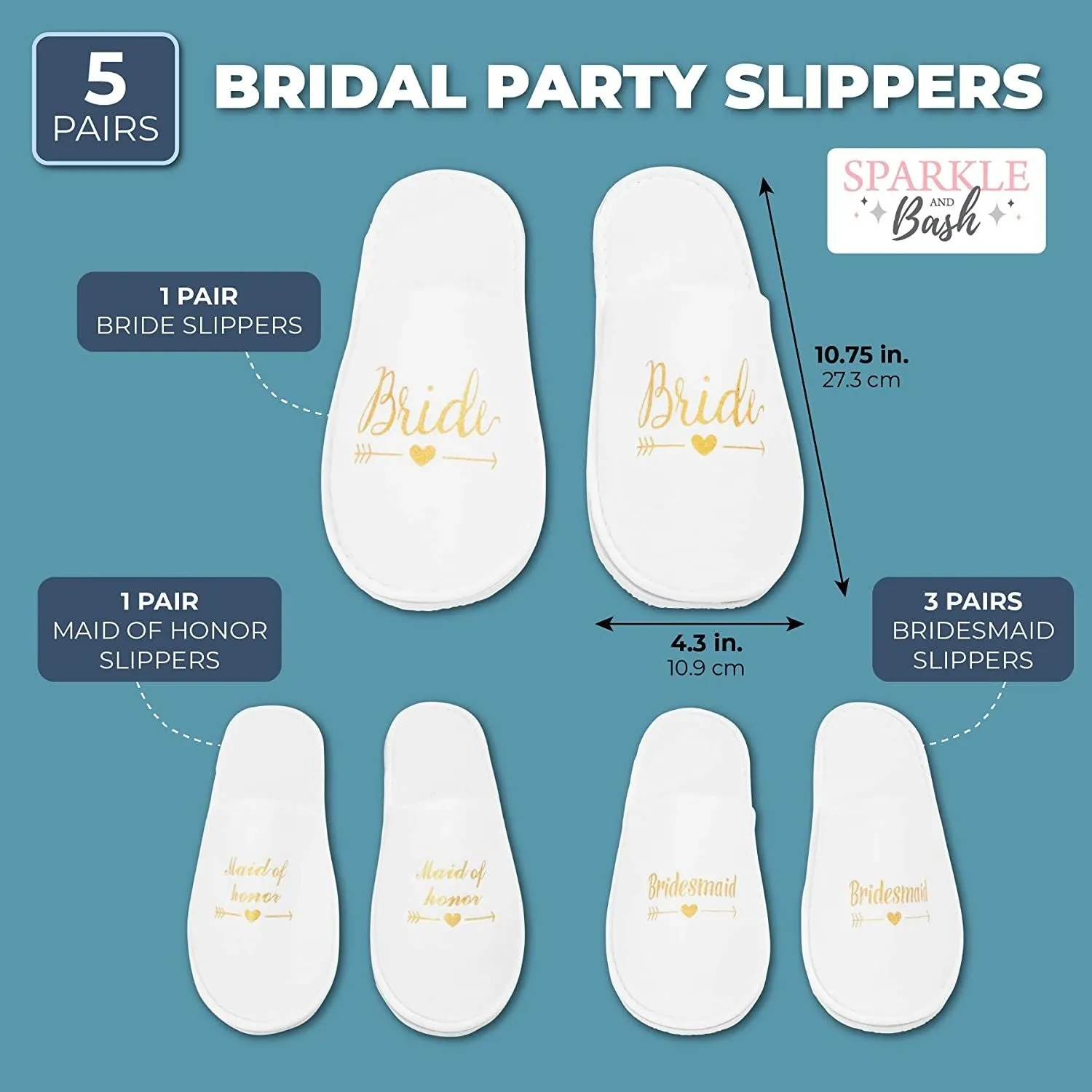 Set of 5 Bridesmaids Slippers for Bride, Bridesmaids, Maid of Honor, Wedding, Bridal Shower, Spa Party Favors (White, US Women's 6-9.5)