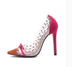 Sexy Rivets Bow Retro Clear Pointed Toe Super High Heels