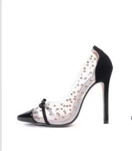 Sexy Rivets Bow Retro Clear Pointed Toe Super High Heels