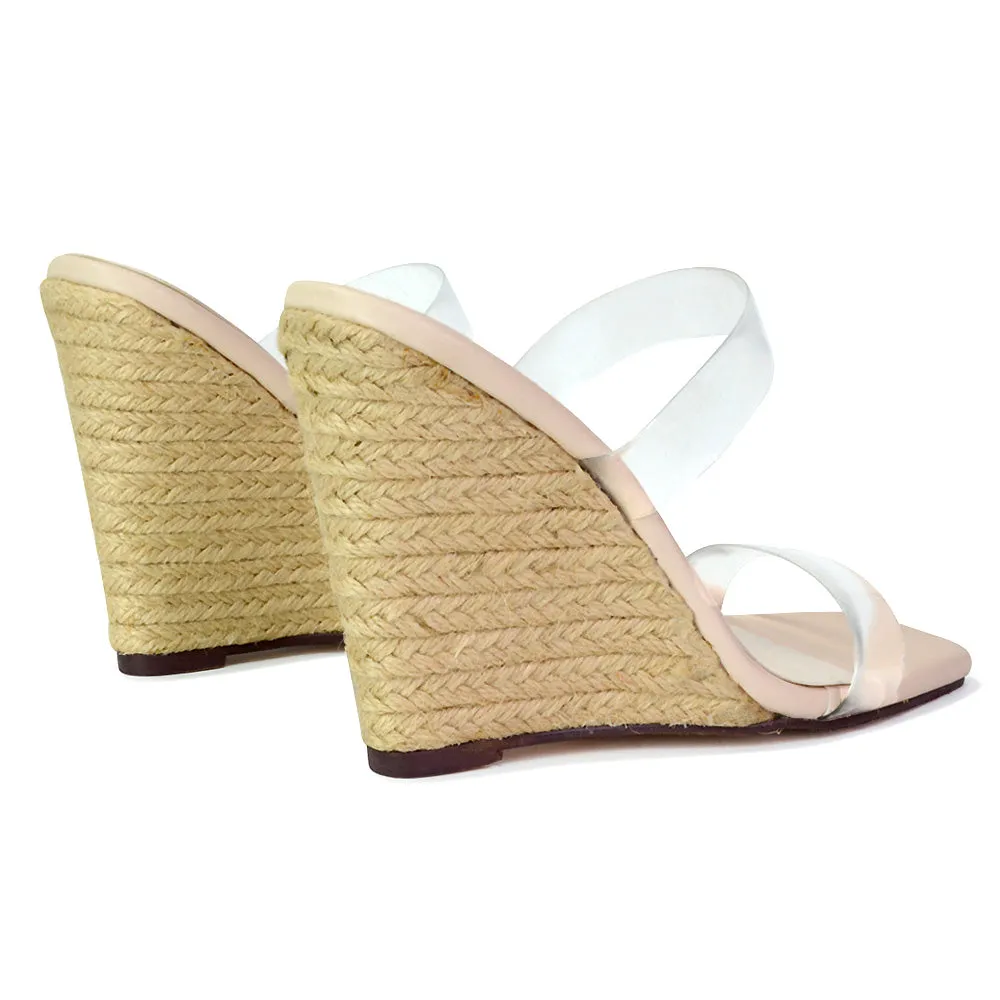 Shea Perspex Strappy Square Toe Espadrilles Wedge High Heel Sandals in Black