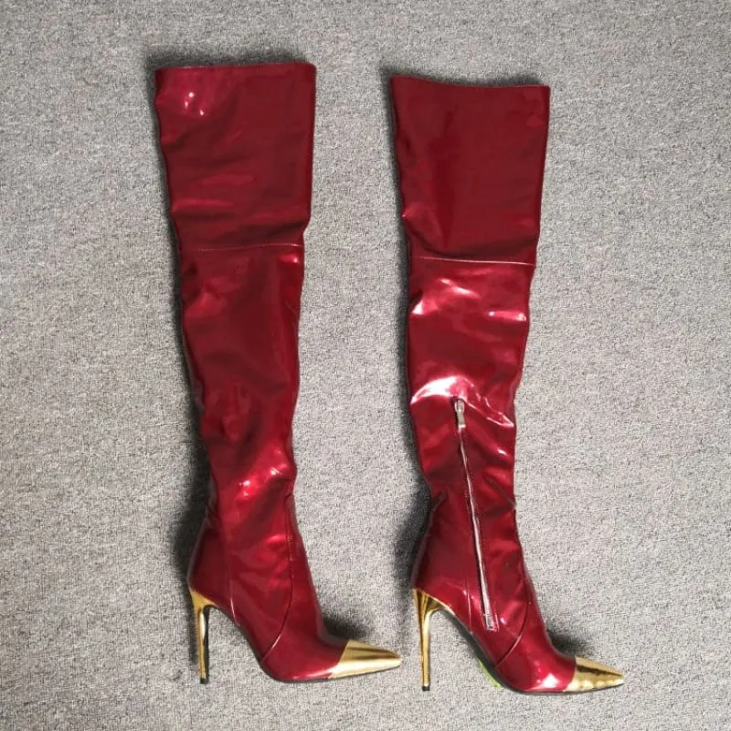 Shiny Burgundy Boots with Pointed Gold Toe for Bold Style