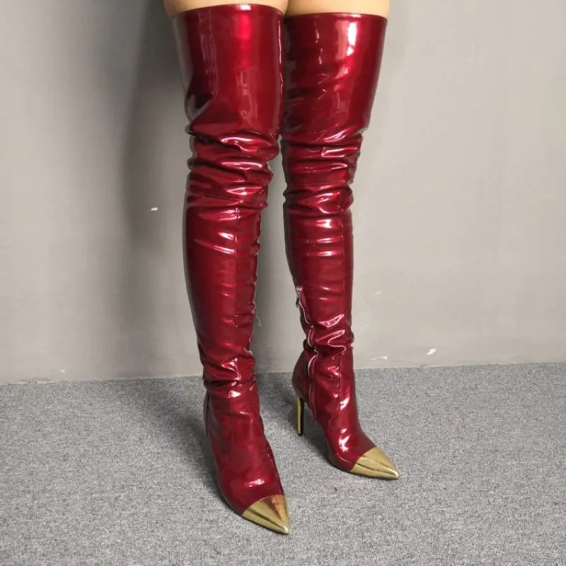 Shiny Burgundy Boots with Pointed Gold Toe for Bold Style
