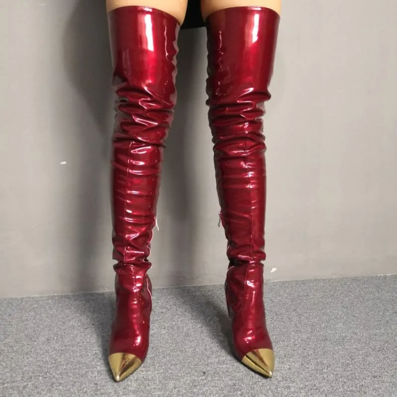Shiny Burgundy Boots with Pointed Gold Toe for Bold Style