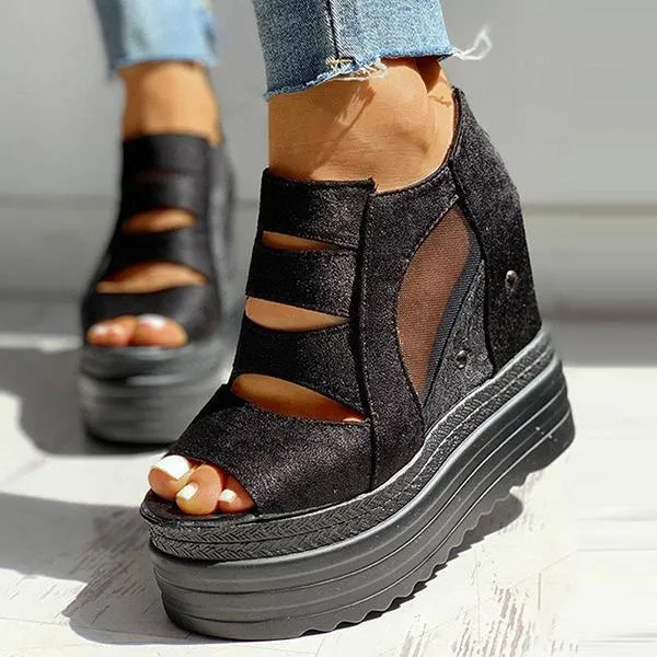 Side Zipper Peep Toe Patchwork Platform Sandals