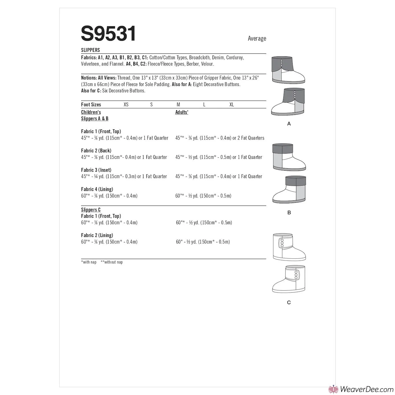 Simplicity Pattern S9531 Slippers - Adult & Child
