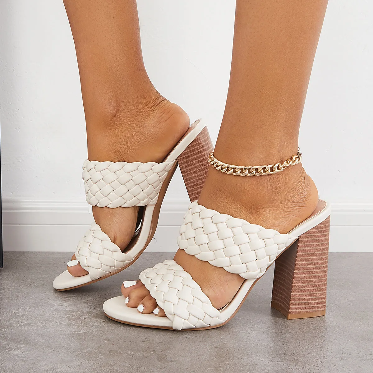 Sohiwoo Women Braided Chunky High Heel Mules Slip on Backless Slide Sandals