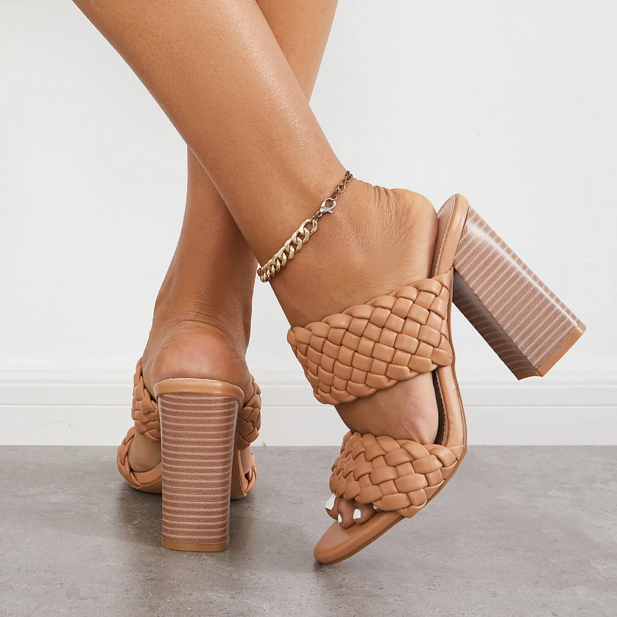 Sohiwoo Women Braided Chunky High Heel Mules Slip on Backless Slide Sandals