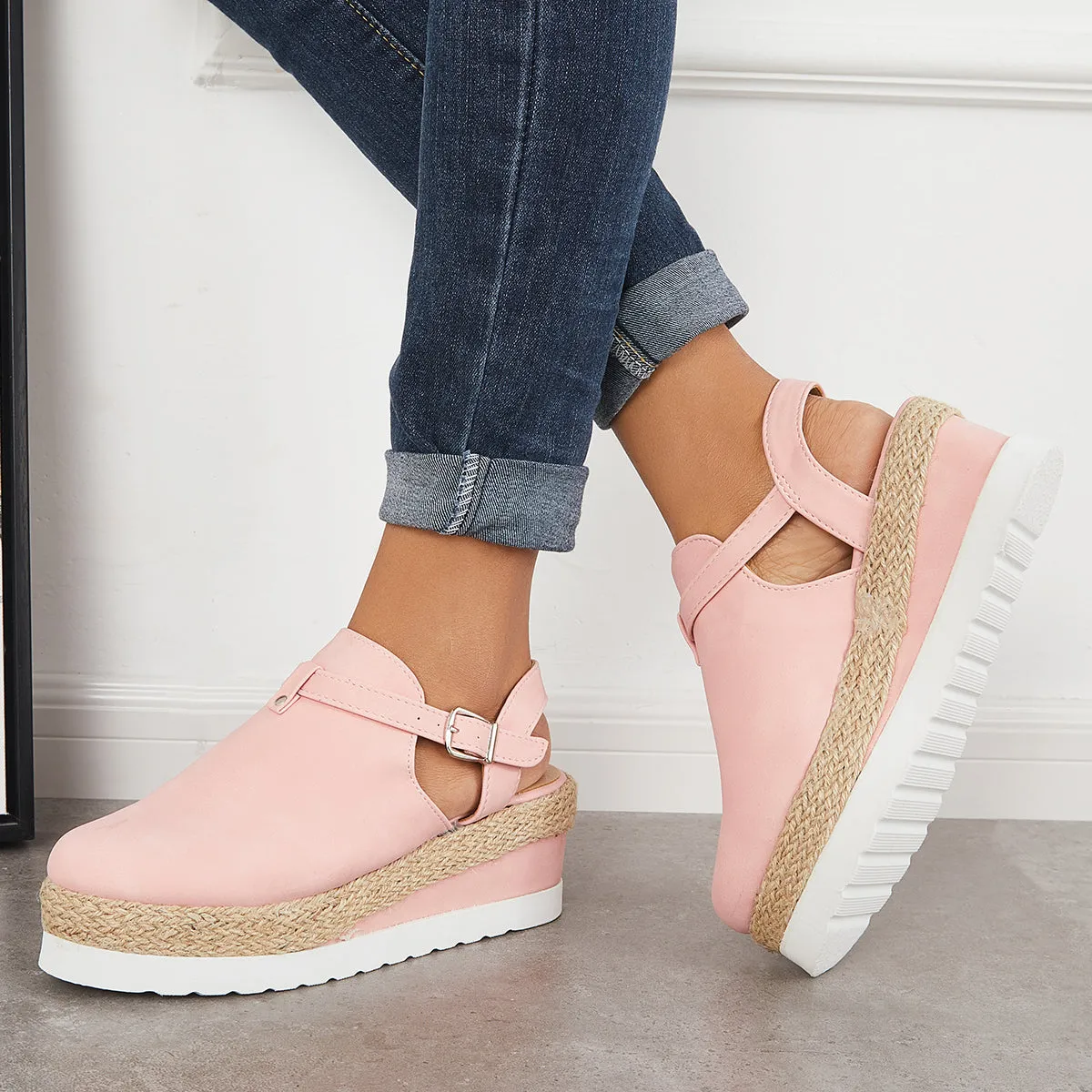 Sohiwoo Women Closed Toe Platform Espadrilles Wedge Ankle Strap Sandals