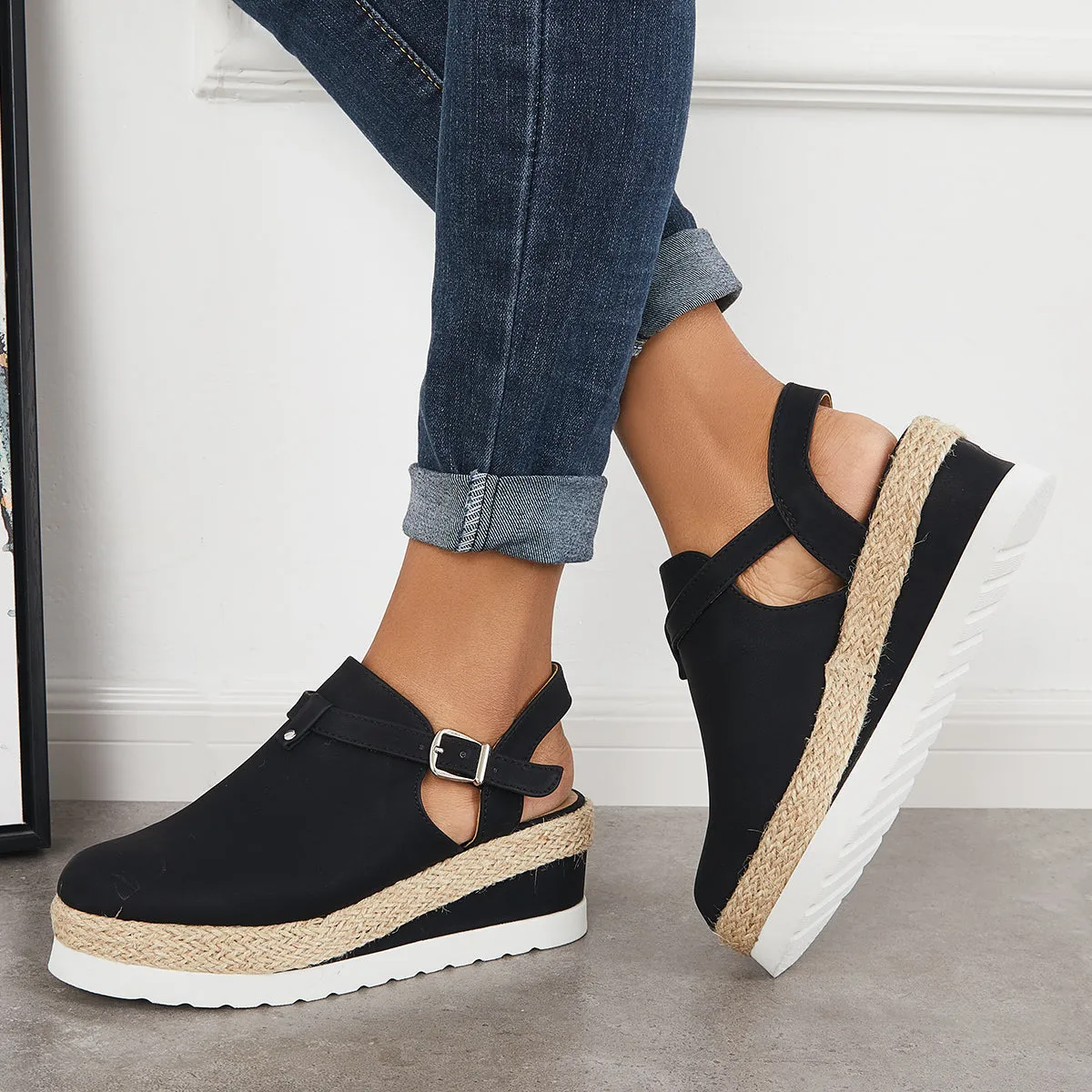 Sohiwoo Women Closed Toe Platform Espadrilles Wedge Ankle Strap Sandals